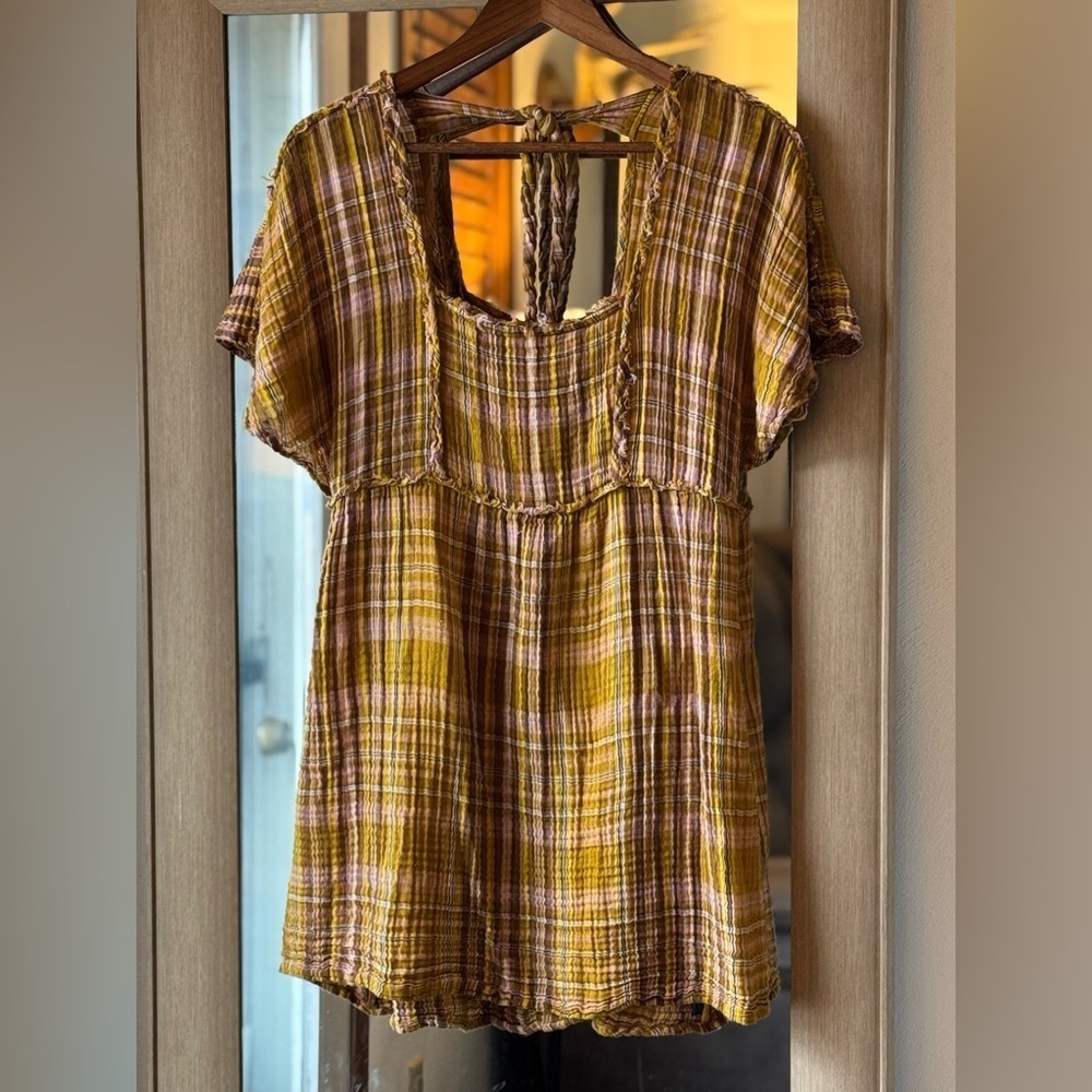 Anthropologie Plaid Mini Dress small cotton cottage core